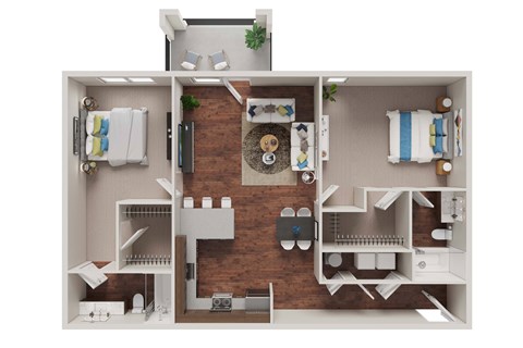 Floor plan for 2 beds, 2 baths, 1039 sqft