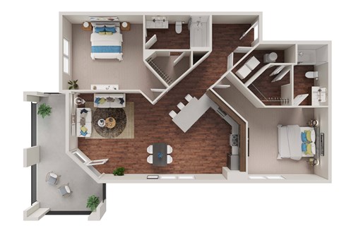 Floor plan for 2 beds, 2 baths, 1049 sqft