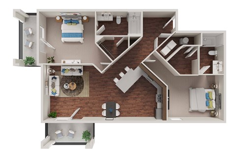 Floor plan for 2 beds, 2 baths, 1021 sqft