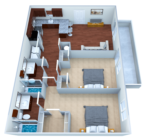 Floor plan for 2 beds, 2 baths, 910 sqft
