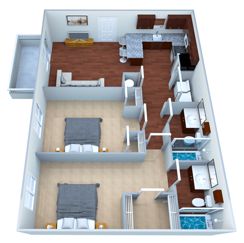 Floor plan for 2 beds, 2 baths, 910 sqft