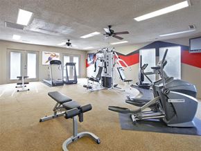 Russellville apartment for rent - A gym with a variety of equipment including treadmills, weights, and a bench press.