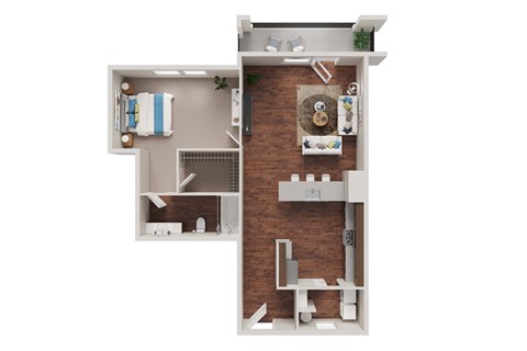 Floor plan for 1 bed, 1 bath, 734 sqft