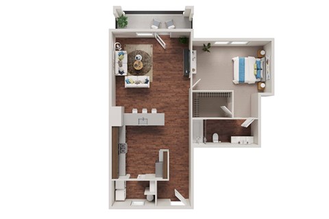 Floor plan for 1 bed, 1 bath, 735 sqft