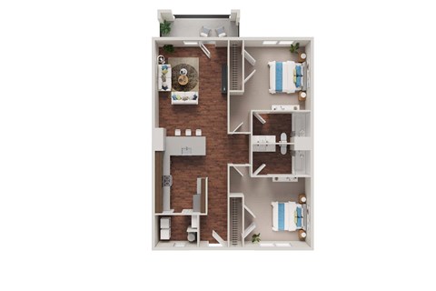 Floor plan for 2 beds, 2 baths, 999 sqft