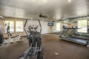 Little Rock apartment for rent - A spacious gym with treadmills, elliptical machines, and a television.
