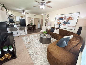 Bentonville apartment for rent - A living room with a brown couch and a rug.