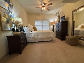Bryant apartment for rent - A bedroom with a bed, dresser, and mirror.