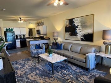 Norman apartment for rent - A living room with a grey couch and a painting on the wall.