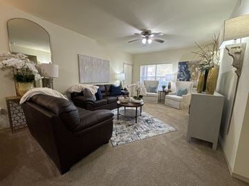 Conway apartment for rent - A living room with a brown leather couch and a rug.
