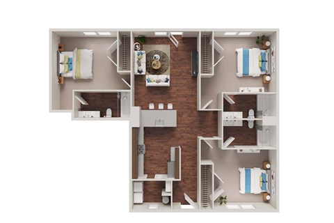 Floor plan for 3 beds, 3 baths, 1256 sqft