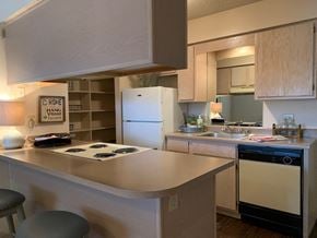 Russellville apartment for rent - A kitchen with a white refrigerator and a washing machine.