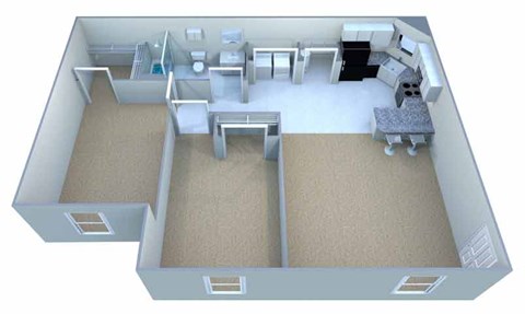 Floor plan for 2 beds, 1 bath, 889 sqft