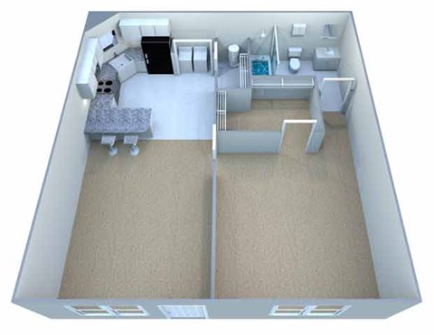 Floor plan for 1 bed, 1 bath, 669 sqft
