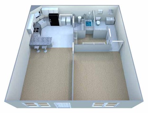 Floor plan for 1 bed, 1 bath, 667 sqft