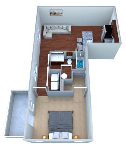 Floor plan for 1 bed, 1 bath, 653 sqft