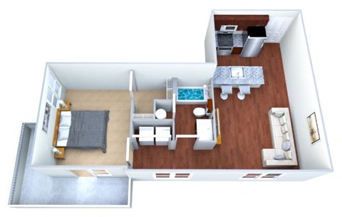 Floor plan for 1 bed, 1 bath, 678 sqft