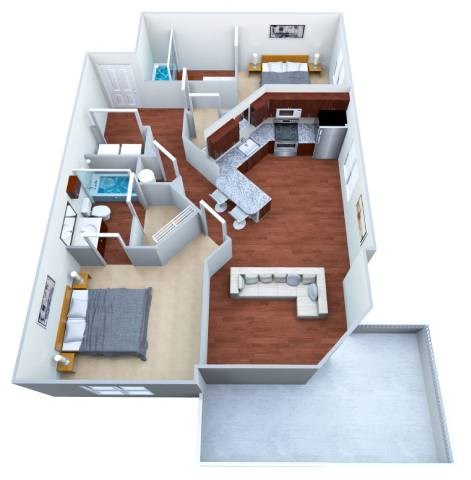 Floor plan for 2 beds, 2 baths, 932 sqft
