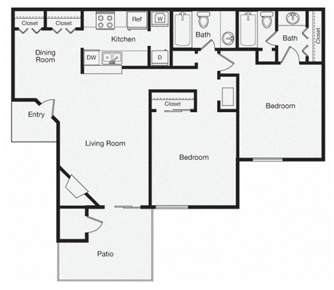 Floor plan for 2 beds, 2 baths, 958 sqft