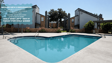 Midland apartment for rent - A swimming pool in front of a house with a sign advertising a bedroom for sale.