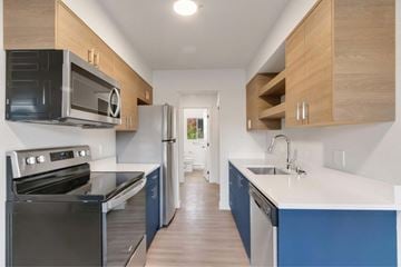 Coeur D'alene apartment for rent - A kitchen with a black oven and blue cabinets.