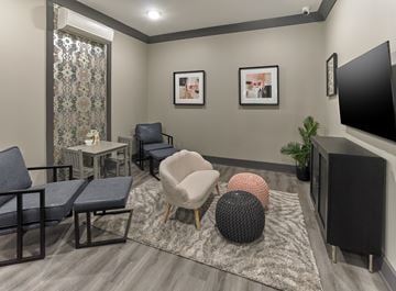 Franklin Lakes apartment for rent - A living room with a grey carpet, a black sofa, a grey armchair, a black chair, a black ottoman, a black speaker, a black table, a black and white patterned curtain, a small table with