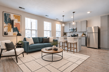 Columbus apartment for rent - A modern kitchen and living room with a large abstract painting on the wall.