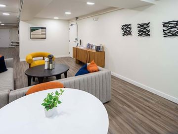Columbia apartment for rent - A modern living room with a grey sofa, a yellow armchair, a round table with a plant on it, and a wooden sideboard with magazines.
