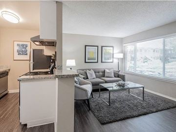 Sacramento apartment for rent - A modern living room with a grey sofa and a coffee table.