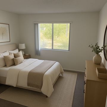 Las Vegas apartment for rent - A bedroom with a large bed and a window with a view of greenery outside.