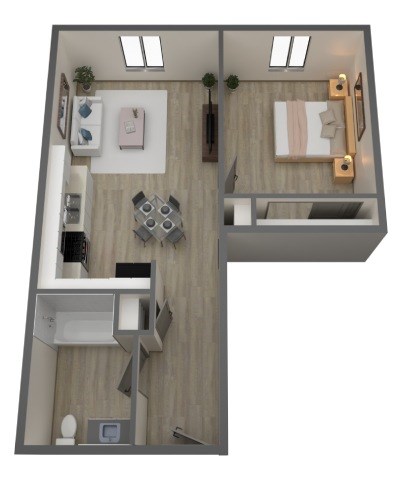 Floor plan for 1 bed, 1 bath, 570 sqft