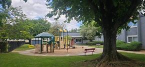 Marysville apartment for rent - A playground with a green canopy and yellow slide is surrounded by a fence and a large tree.