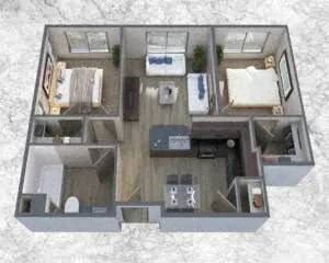 Floor plan for 2 beds, 1 bath, 690 sqft
