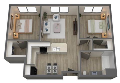 Floor plan for 2 beds, 2 baths, 729 sqft