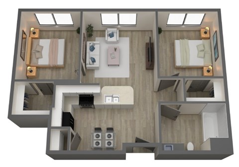Floor plan for 2 beds, 2 baths, 749 sqft