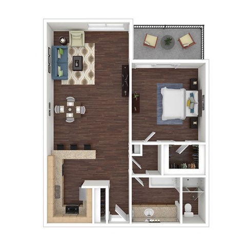 Floor plan for 1 bed, 1 bath, 843 sqft