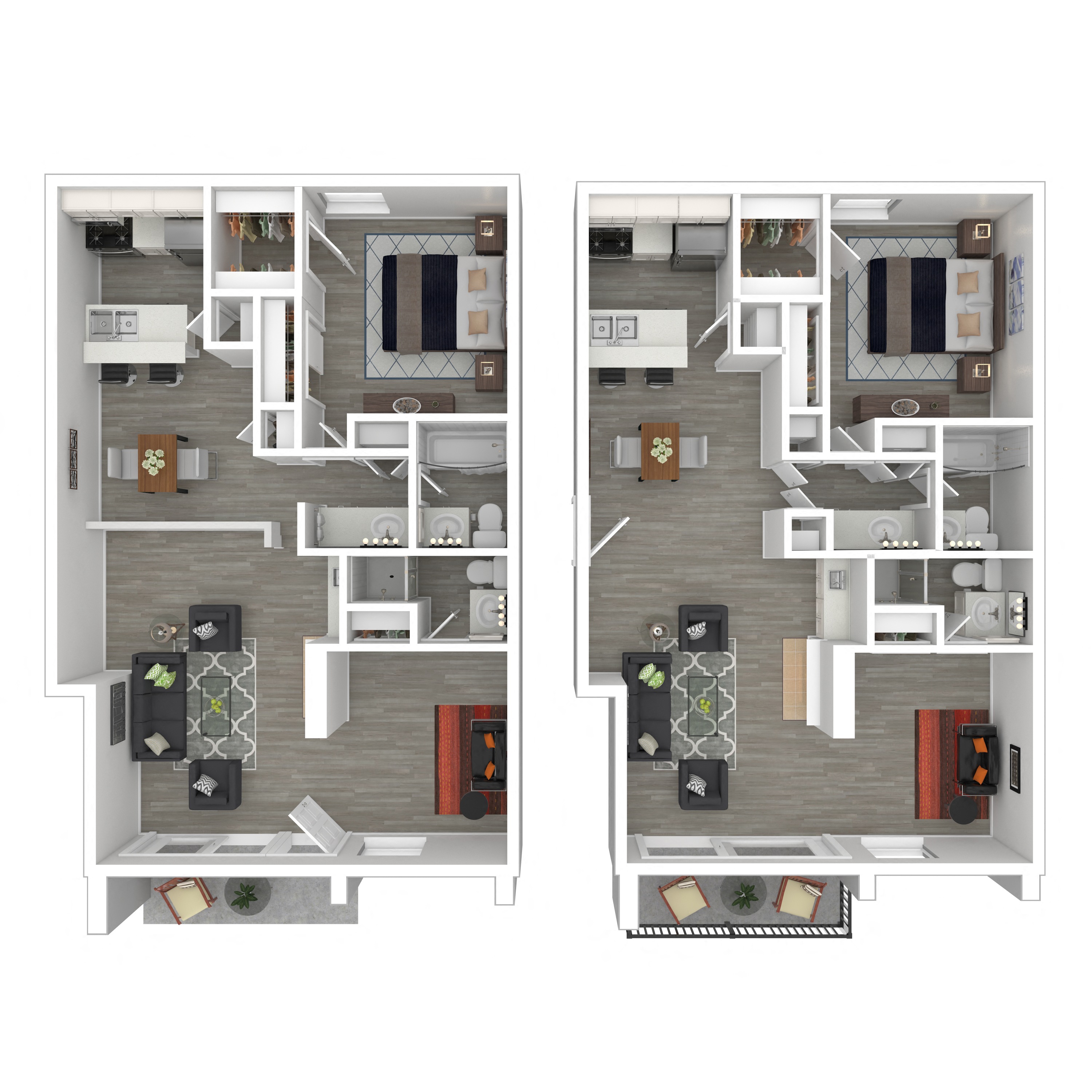 Floor plan for 1 bed, 2 baths, 1050 sqft
