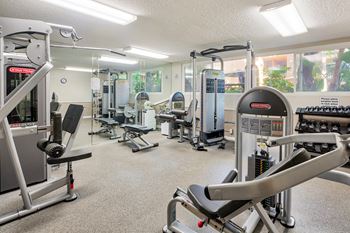 A gym with a variety of equipment including a leg press machine.