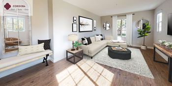 A rendering of a living room with a couch and a table