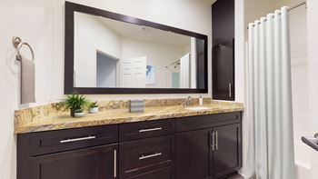 A bathroom with a sink and a mirror