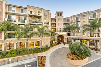 A courtyard with palm trees in front of an apartment building