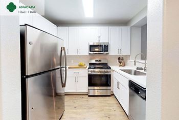 A kitchen with stainless steel appliances and white cabinets