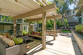 A covered patio with furniture and a pergola