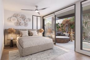 Marina Del Rey apartment for rent - A bedroom with a large bed and a ceiling fan.