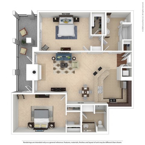 Floor plan for 2 beds, 2 baths, 1219 sqft