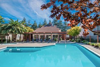 A swimming pool surrounded by trees and a building with a red roof.
