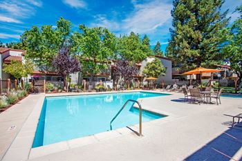 A swimming pool surrounded by trees and chairs.