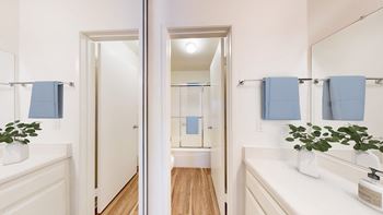 A bathroom with a mirror and a sink and a shower