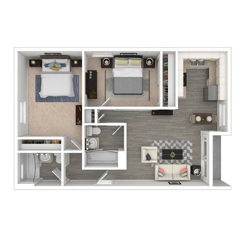 Floor plan for 2 beds, 2 baths, 791 sqft