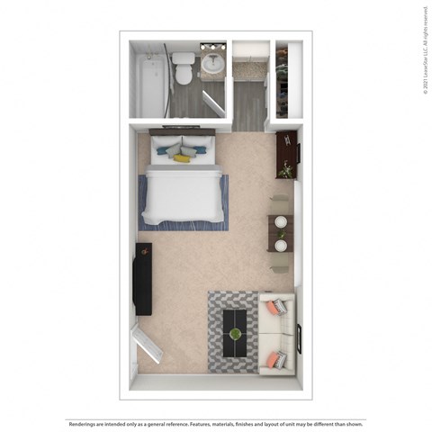 Floor plan for studio, 1 bath, 250 sqft